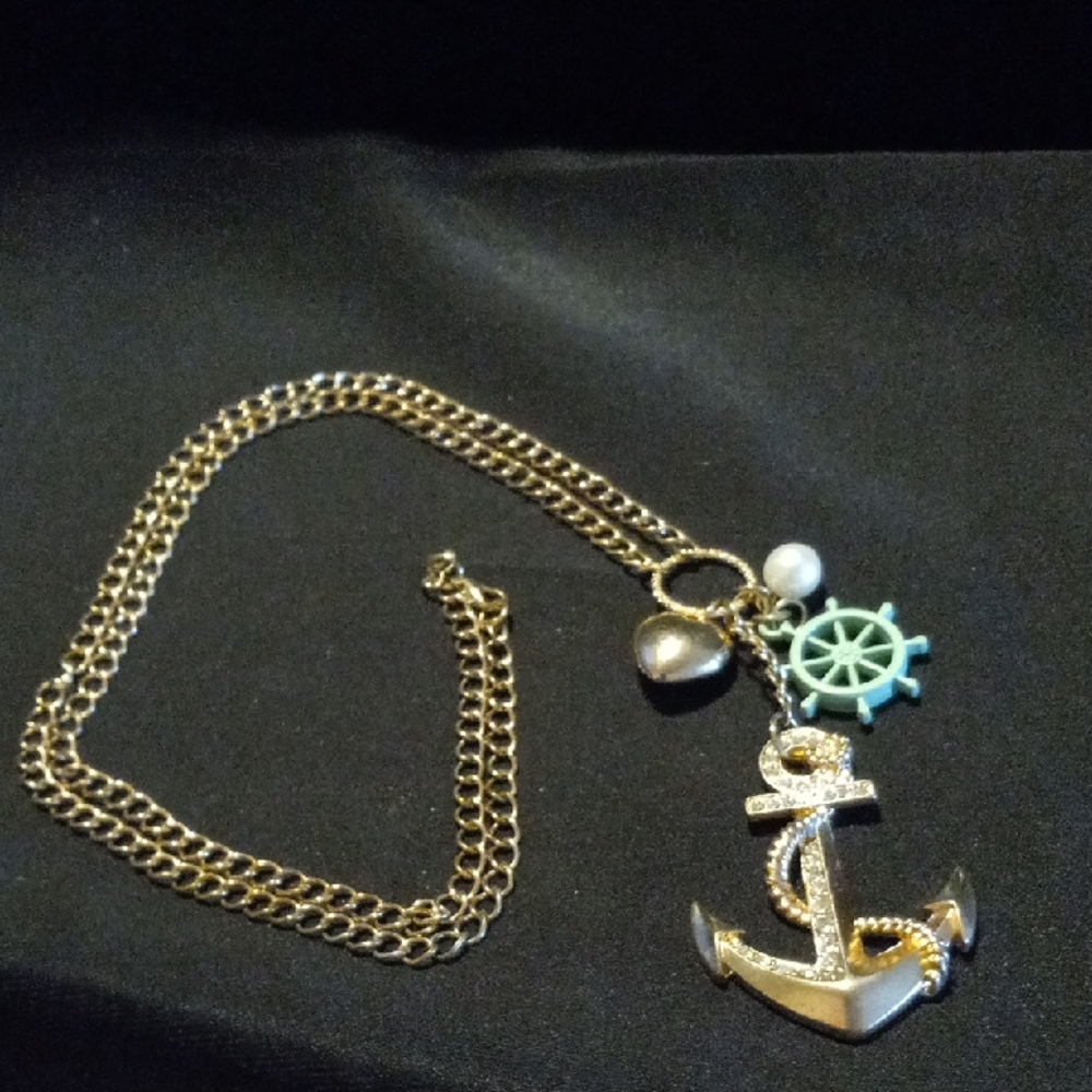 Gold Tone Anchor With Crystals Pendant Necklace with Charms